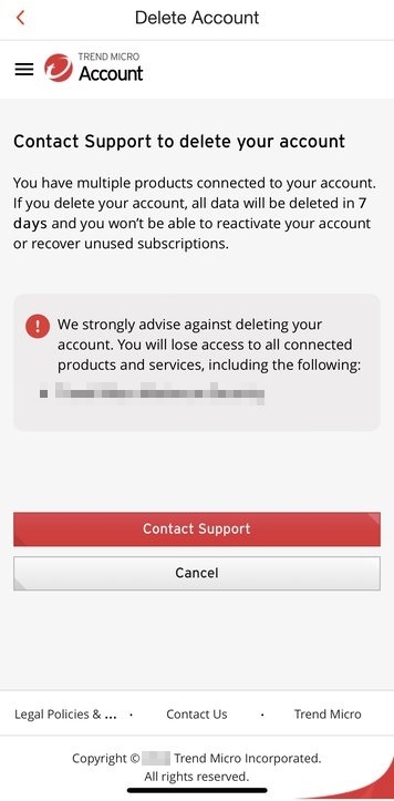 Contact Support to continue deleting account in Home Network Security