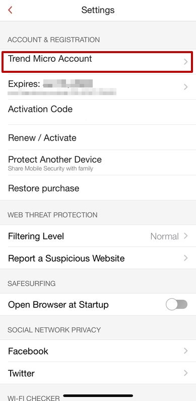 Tap Trend Micro Account to remove your account in Home Network Security