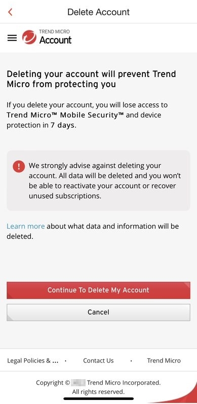 Continue To Delete My Trend Micro Account