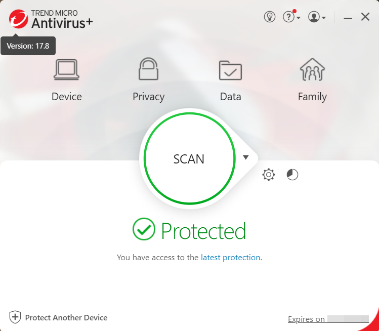 DO NOT CLICK. This is a sample image of the Main Program Menu for Trend Micro Antivirus+ Security