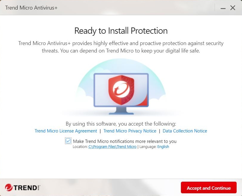 DO NOT CLICK. This is a sample image of the License Agreement for Trend Micro Antivirus+ Security