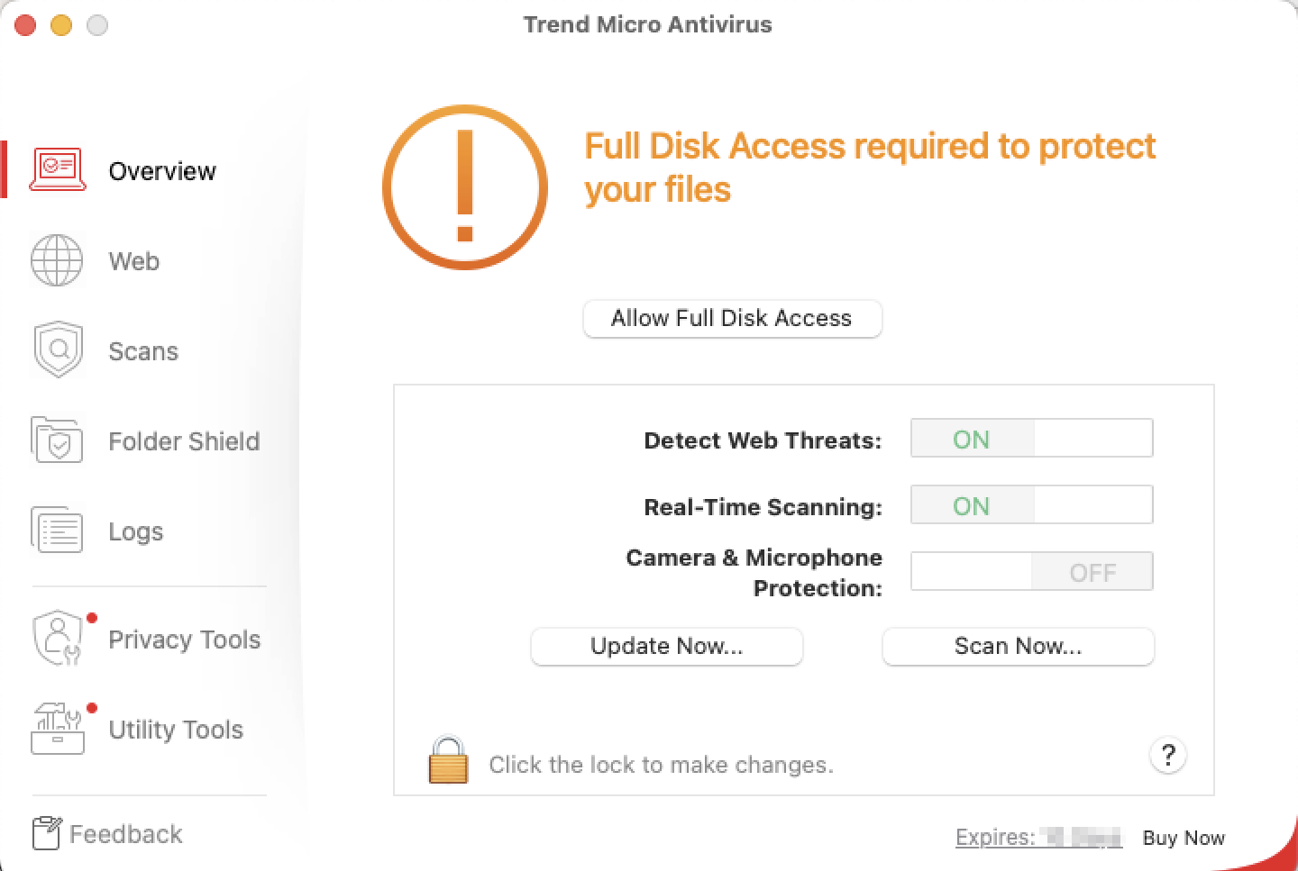 Full Disk Access required to protect your files