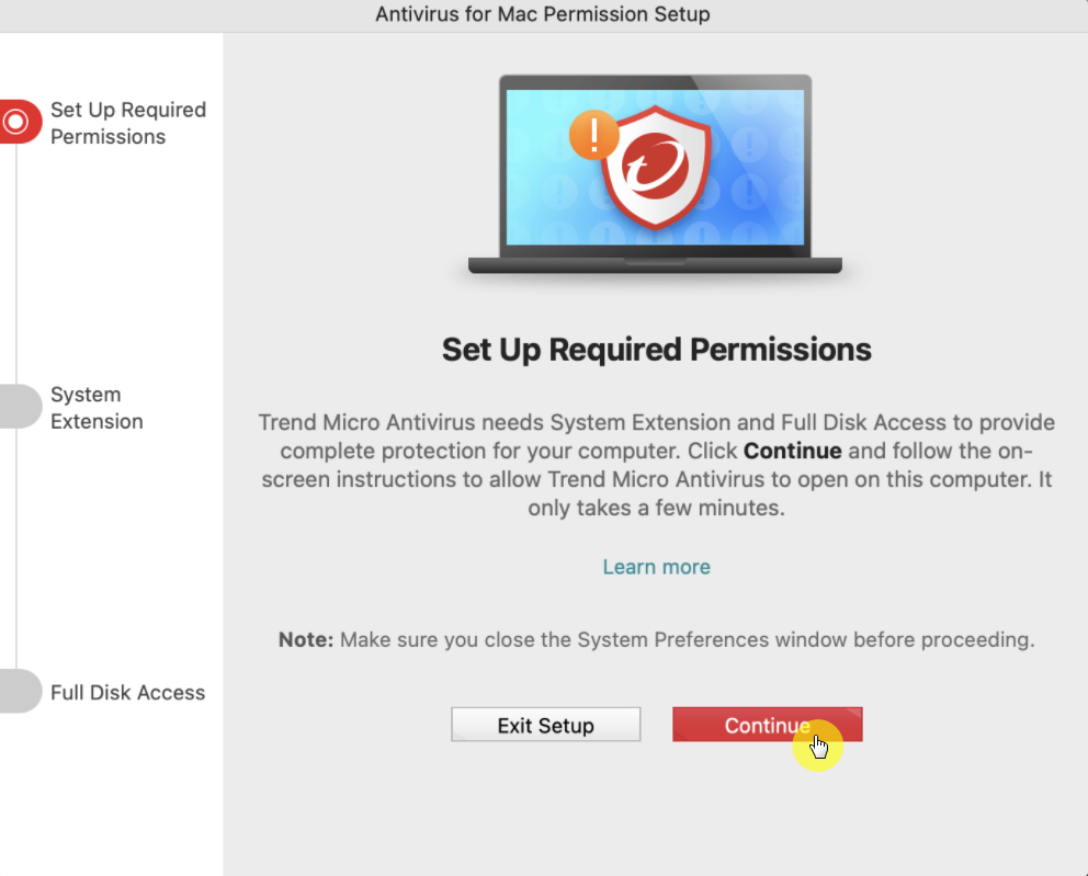 Continue to Set Up Required Permissions