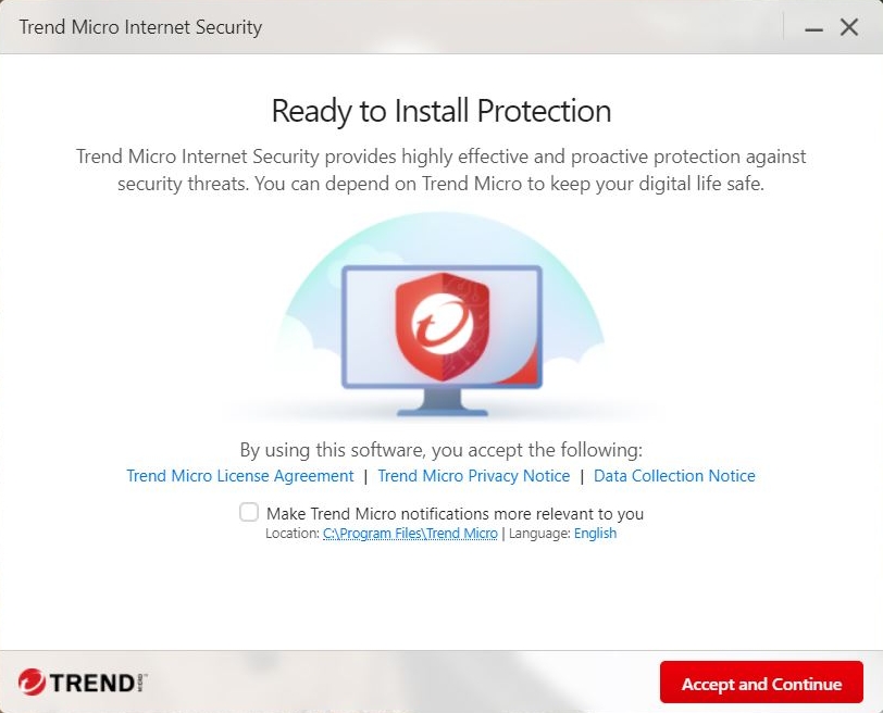DO NOT CLICK. This is a sample image of the License Agreement for Trend Micro Internet Security