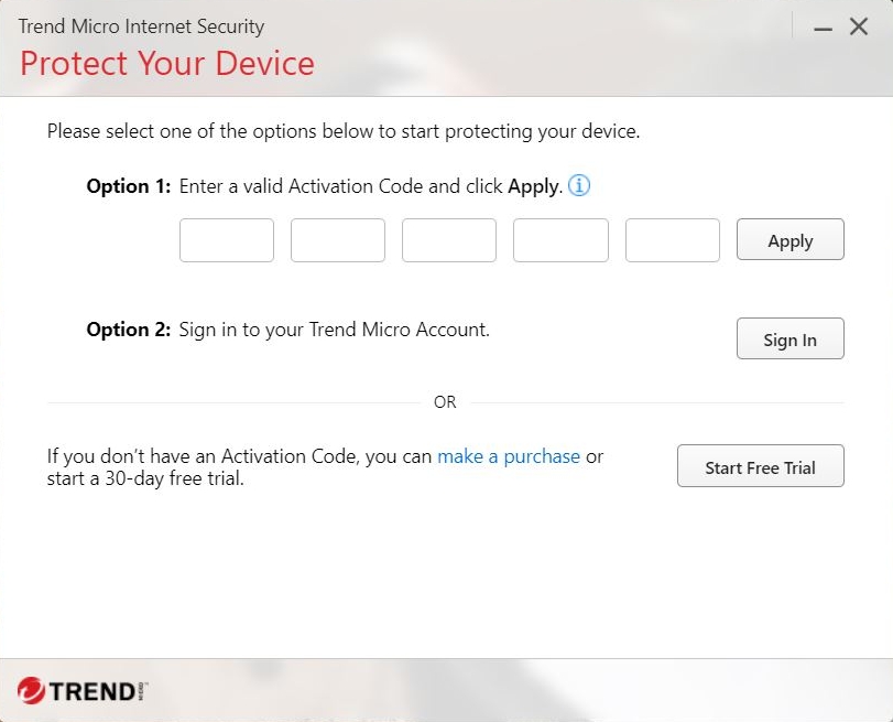 DO NOT CLICK. This is a sample image of the Activation Code section for Trend Micro Internet Security