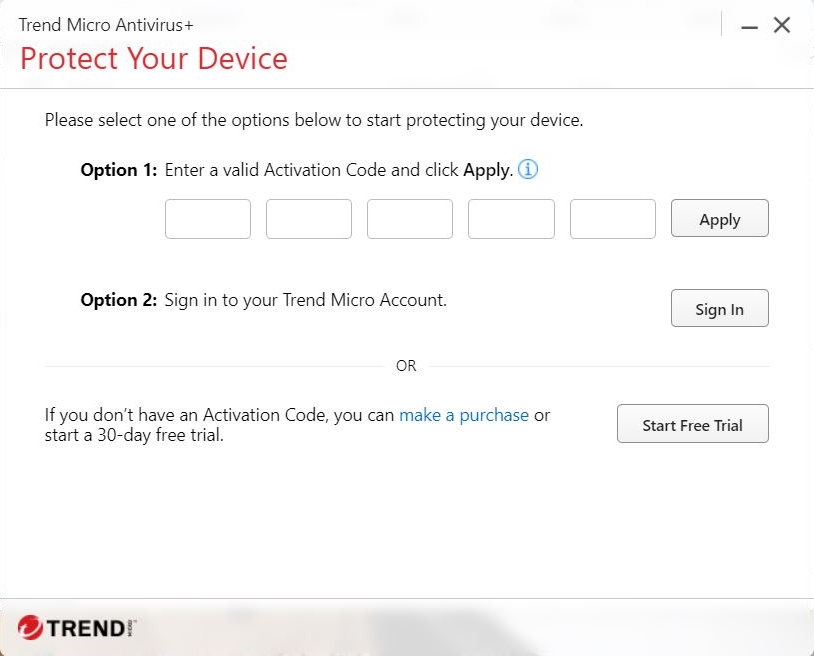 DO NOT CLICK. This is a sample image of the Activation Code section for Trend Micro Antivirus+ Security