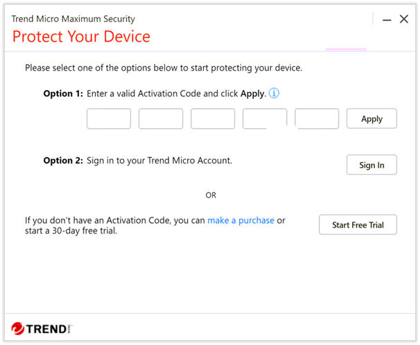 Type your Trend Micro Security Activation Code