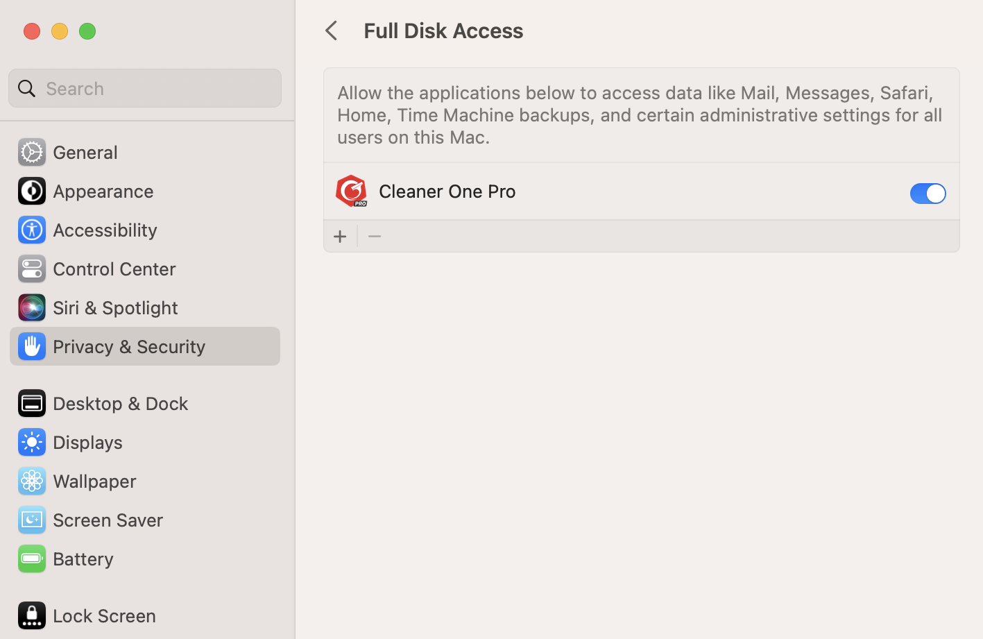 Allow Full Disk Access for Trend Micro Cleaner One Pro