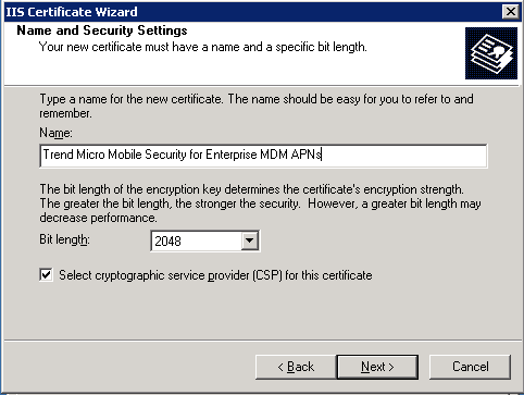 Type a name for the new certificate and set the Bit length