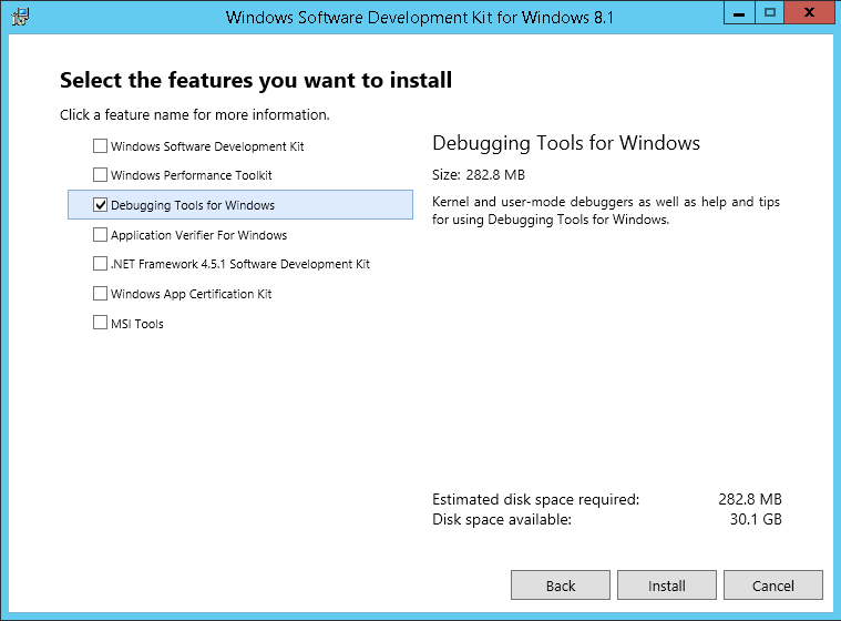 Select 'Debugging Tools for Windows' 
