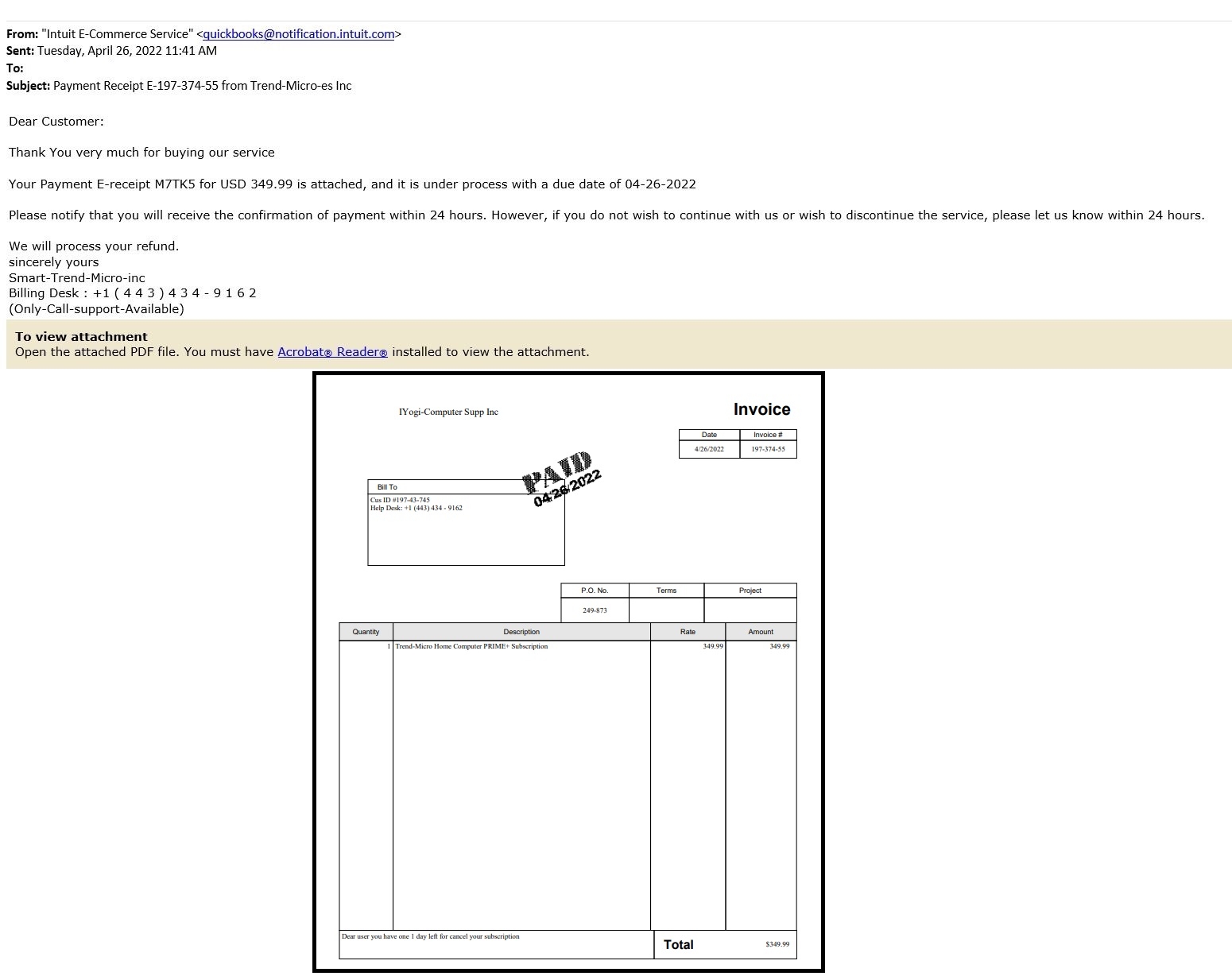 Trend Micro Fake Email Reported April 2022 Sample 2
