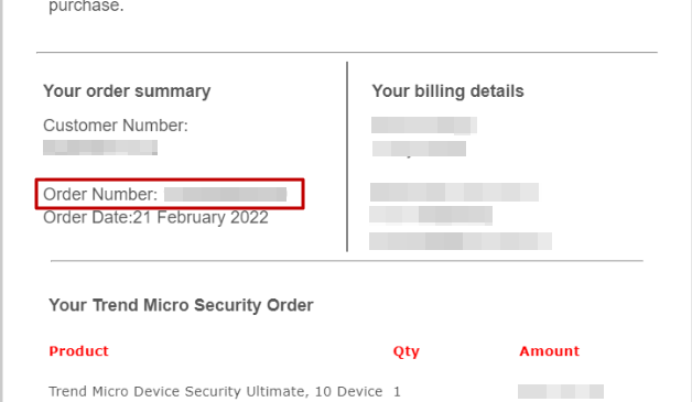 Sample Trend Micro Order Confirmation Email