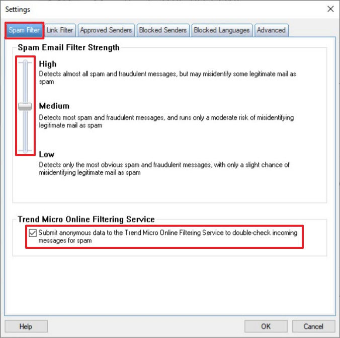 Trend Micro Spam Filter Settings