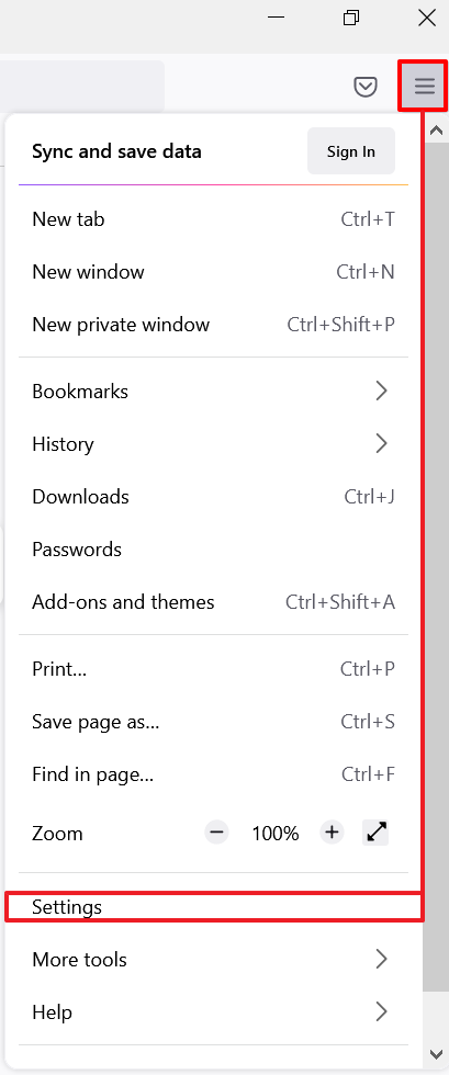 Open Firefox Settings to delete cookies