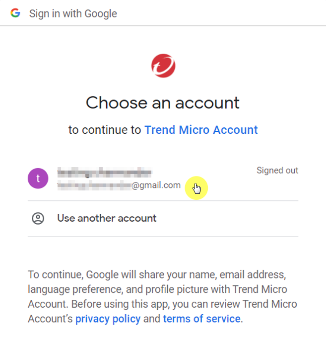 Sign in with your Google Account to create your Trend Micro Account