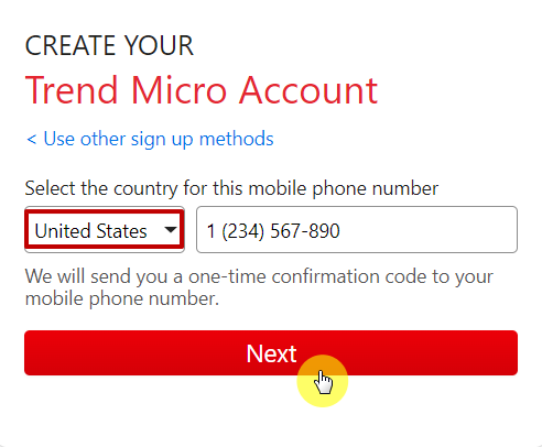 Select Country to create your Trend Micro Account