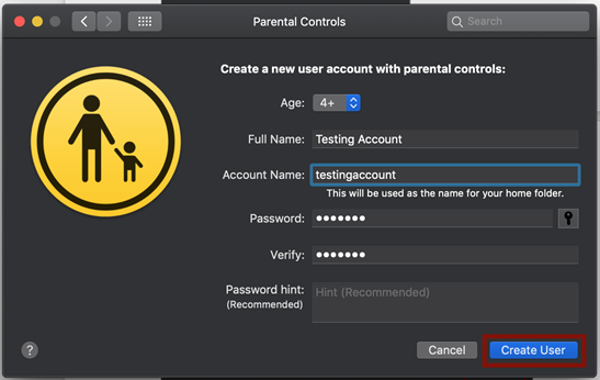 Create a new user account with parental controls - Create User