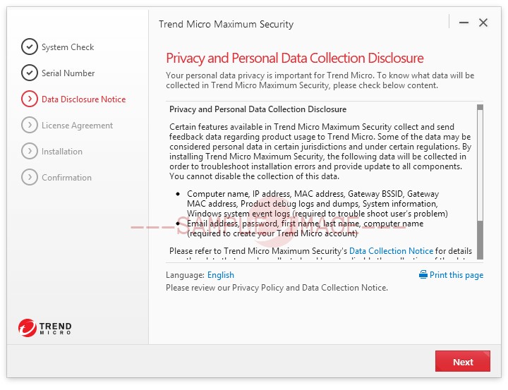 License Agreement install Trend Micro Security for Windows