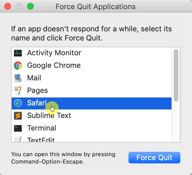 Force Quit Application to close Safari