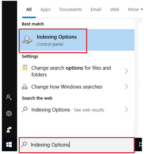 Open Indexing options to find duplicate files