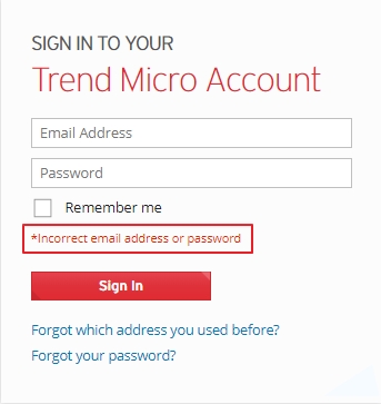 Incorrect email address or password