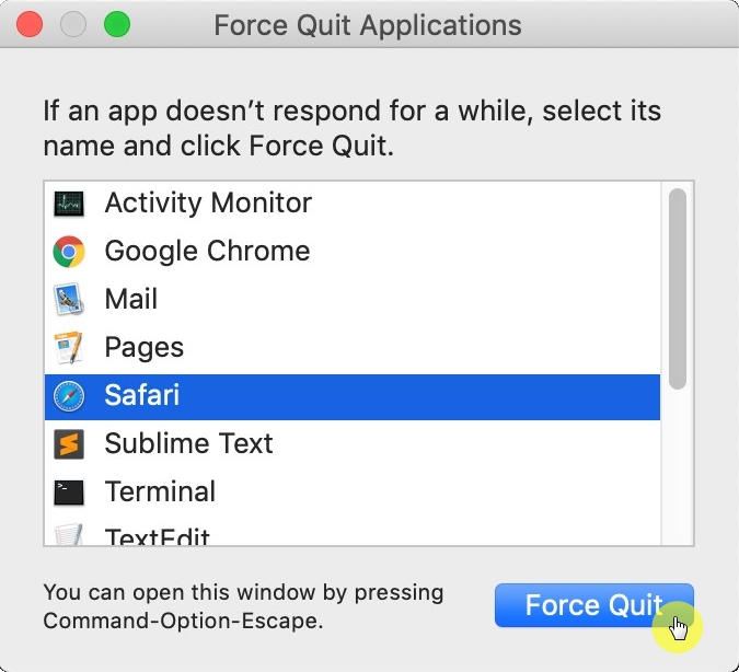 Click Force Quit button to close Safari