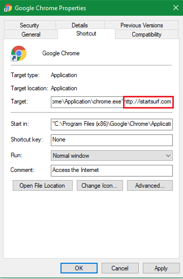 Delete excess string in web browser shortcut