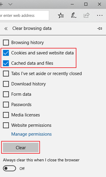 Clear browsing data, cookies and cache data in Microsoft Edge