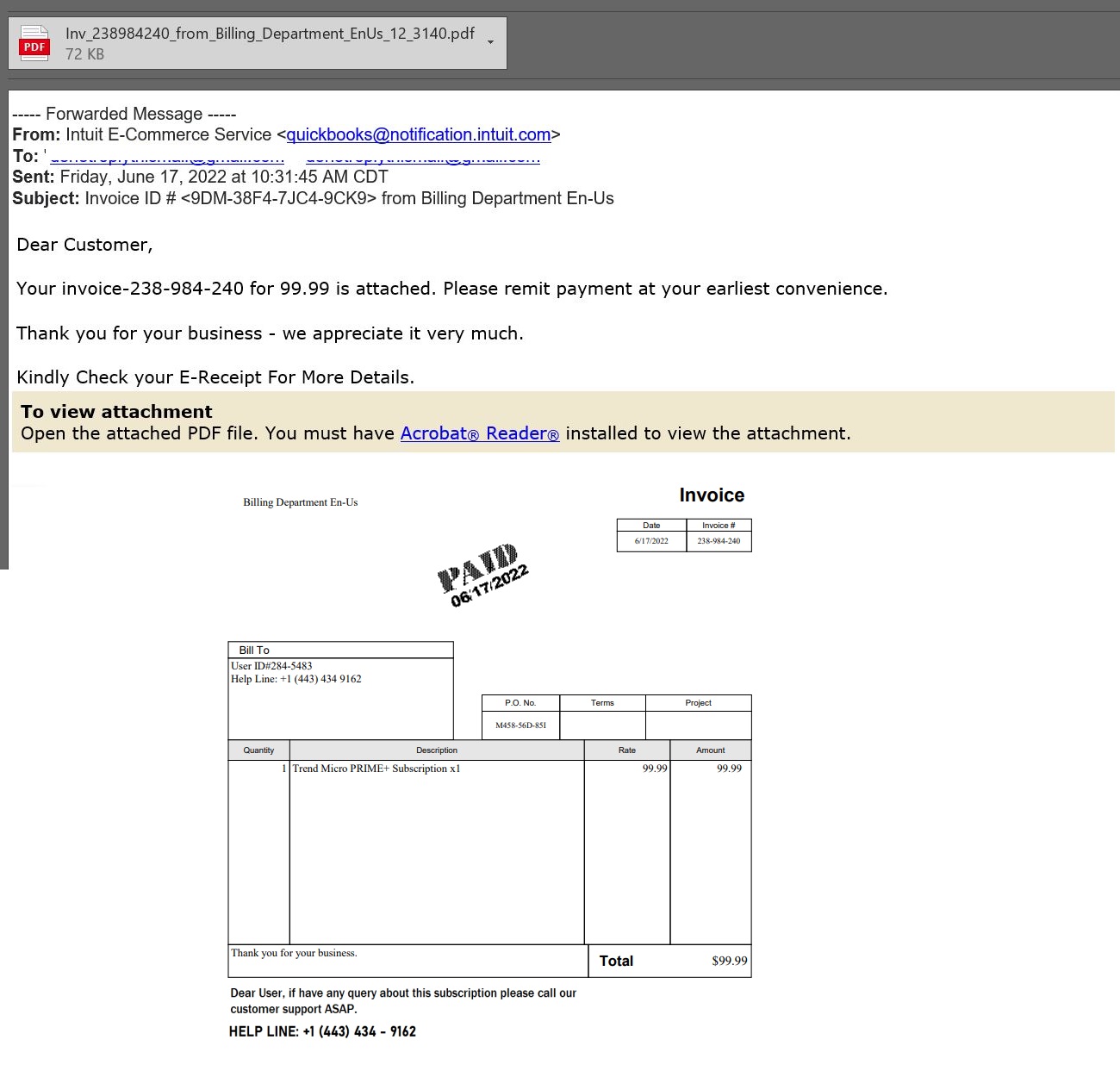 Trend Micro Fake Email Reported June 2022 Sample 1