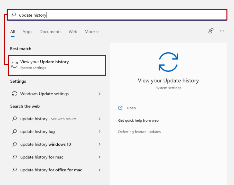 Search update history in Windows 11