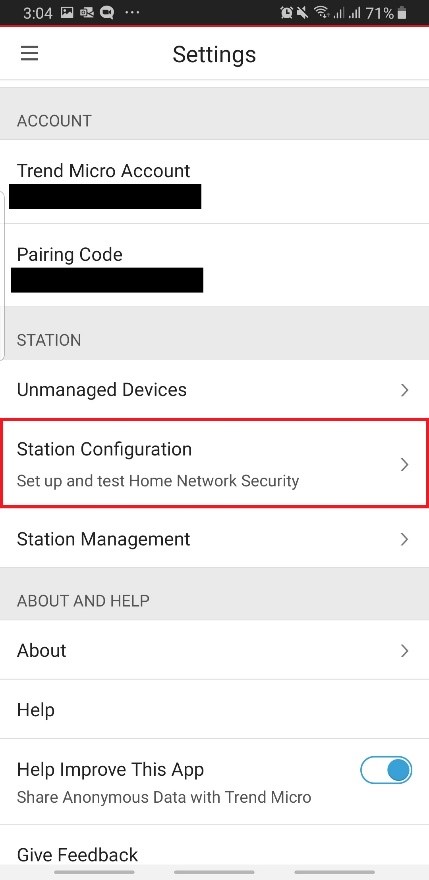 Opening the station configuration of Home Network Security