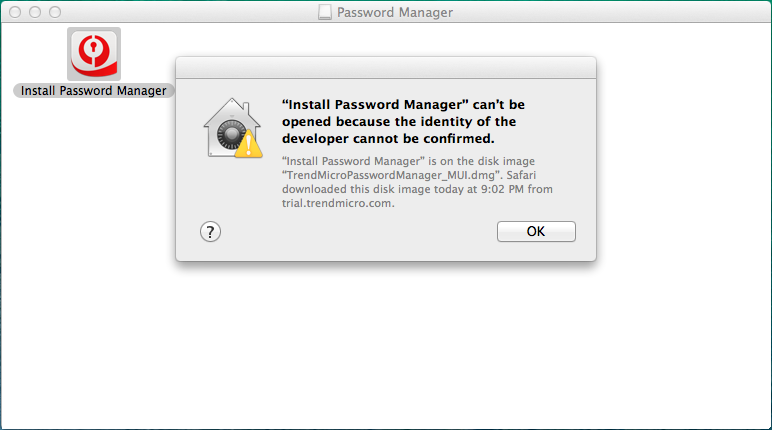 Install Password Manager can't be opened because the identity of the developer cannot be confirmed.
